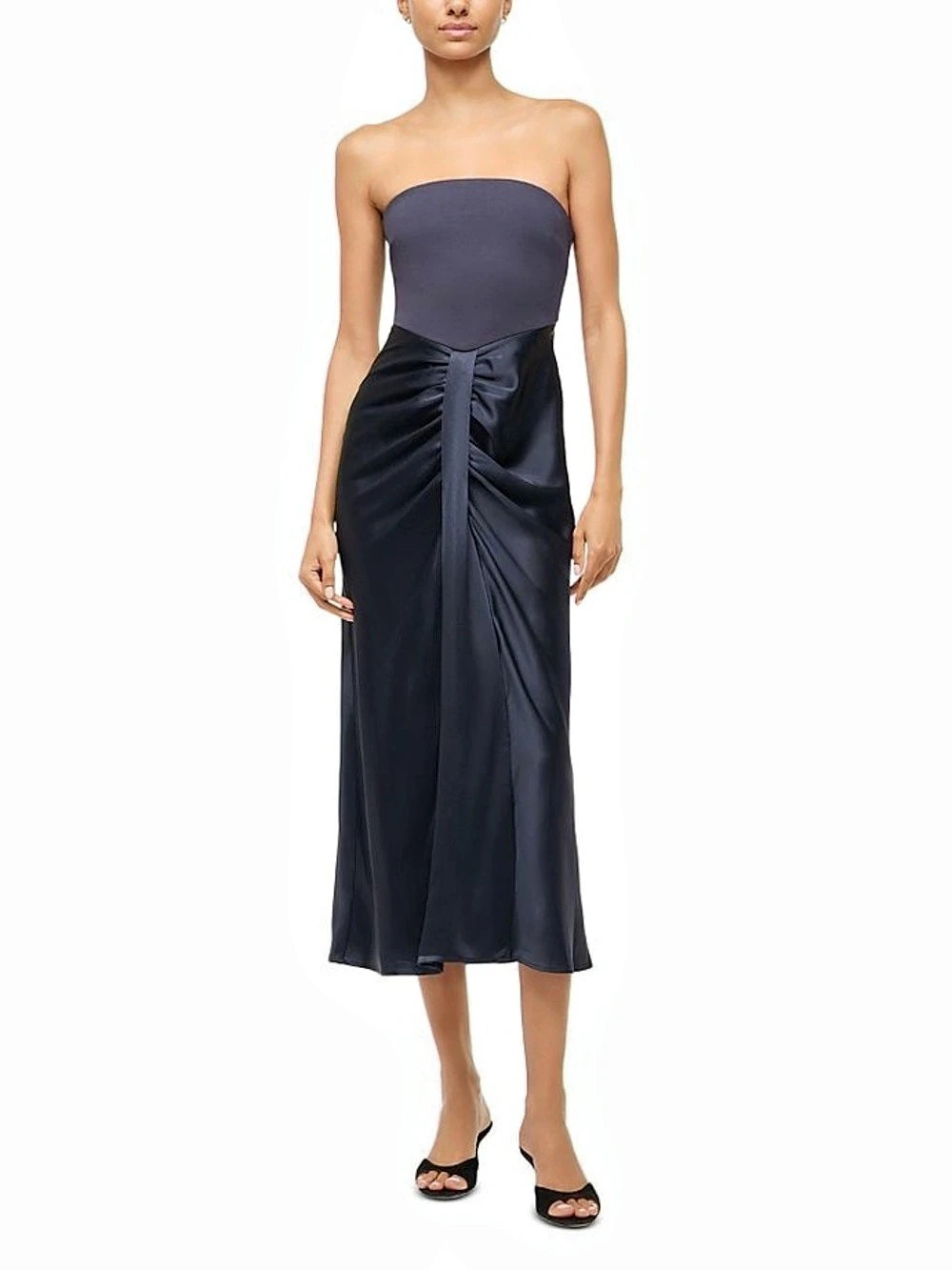STAUD Midi Wayfaring Dress Ruched Strapless Blue Size 10 NWT retails $450